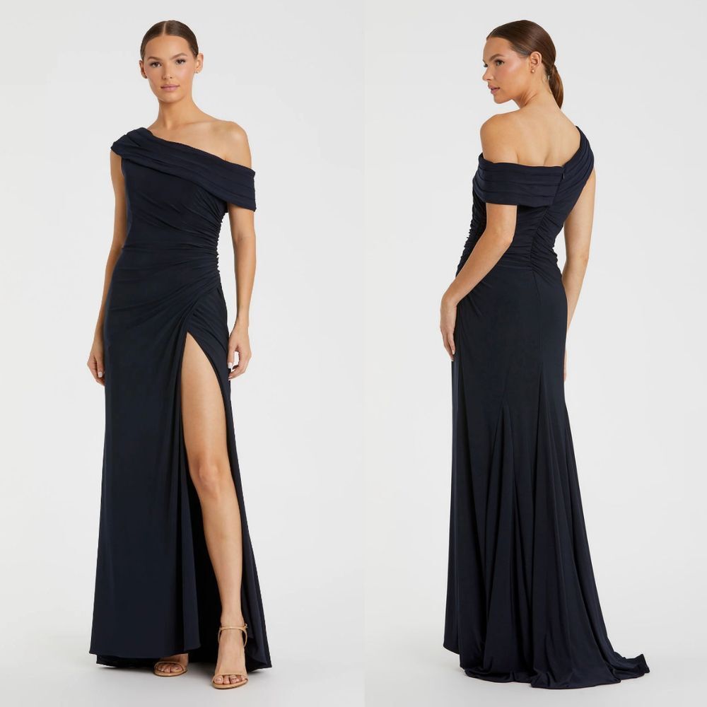 Mac Duggal Ieena NEW Navy Foldover Off-the-Shoulder‎ Slit Jersey Gown - Size 16